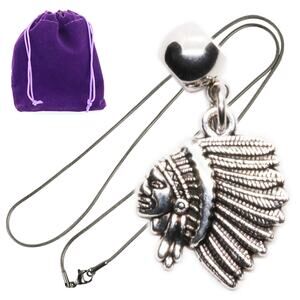 Native American Jewelry Silver Tone Tribal Chief Head Pendant Necklace